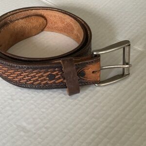 Brown Leather Belt with Woven Pattern and Metallic Buckle
